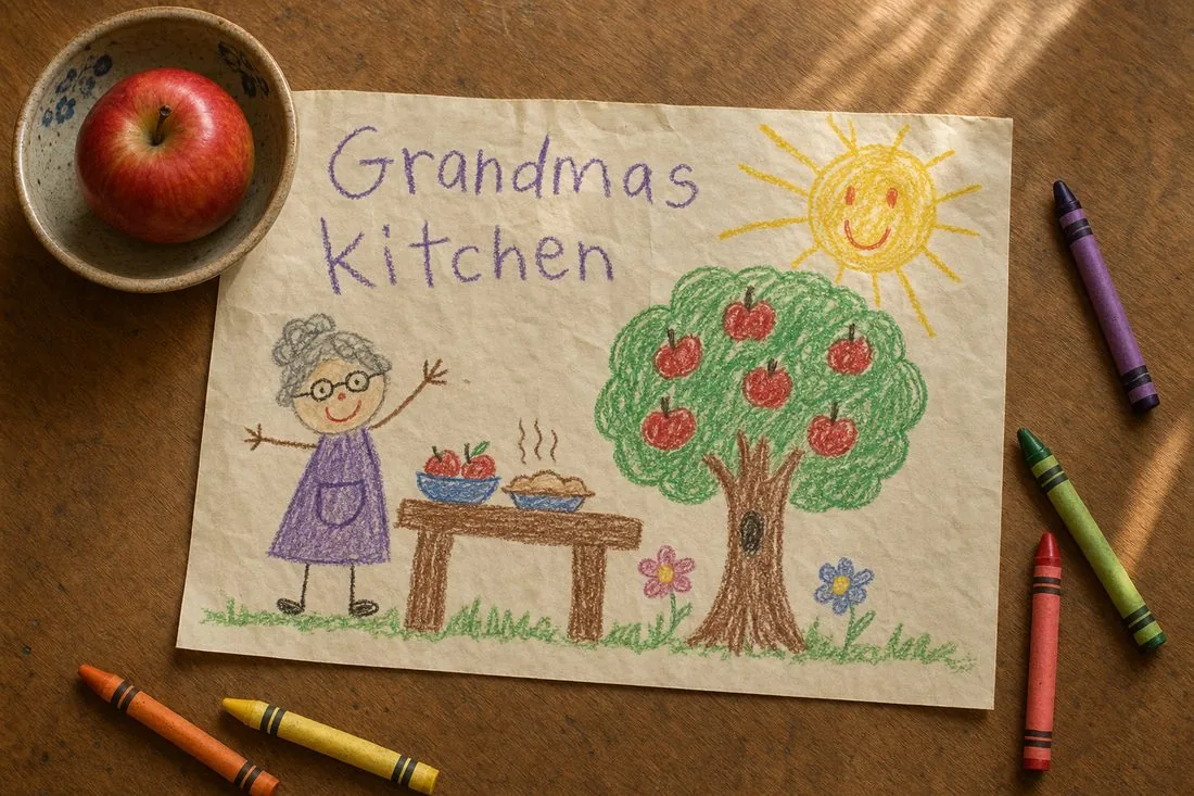 A child’s crayon drawing on cream paper showing a grandmother figure beside an apple tree and a brown table labeled ‘Grandmas kitchen’ in wobbly handwriting, with crayons and a red apple beside it on a wooden table.