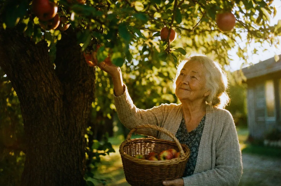 Grandmother Ruth standing under a mature apple tree in her Wisconsin backyard, reaching up to pick a red apple, holding a wicker basket, in warm late-summer golden light.